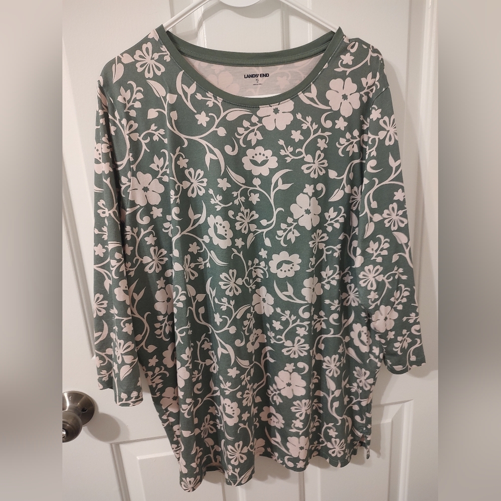 Lands' End Women's Olive and Pink Cotton Shirt Size XL